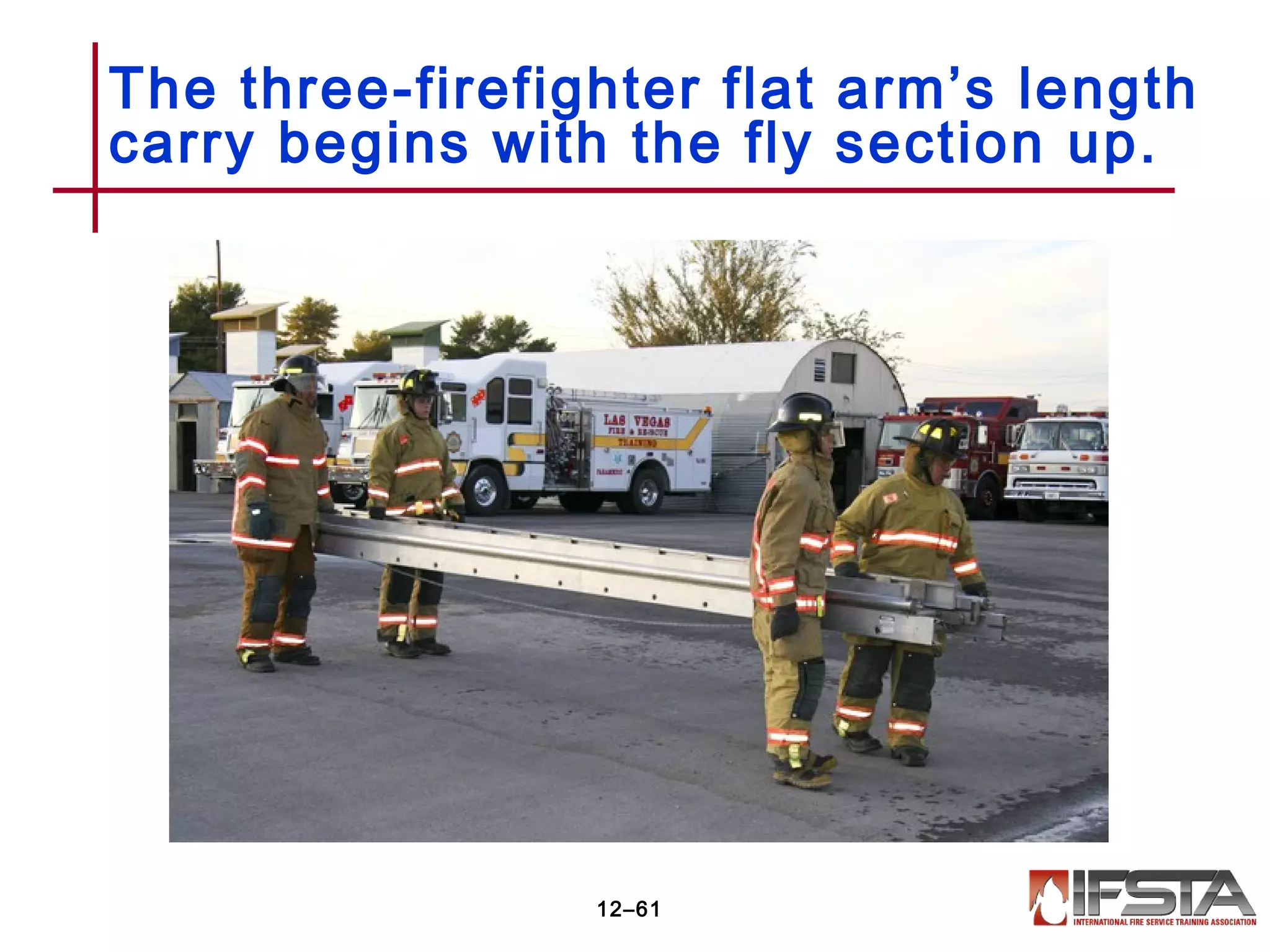 The three-firefighter flat arm’s length
carry begins with the fly section up.
12–61
 
