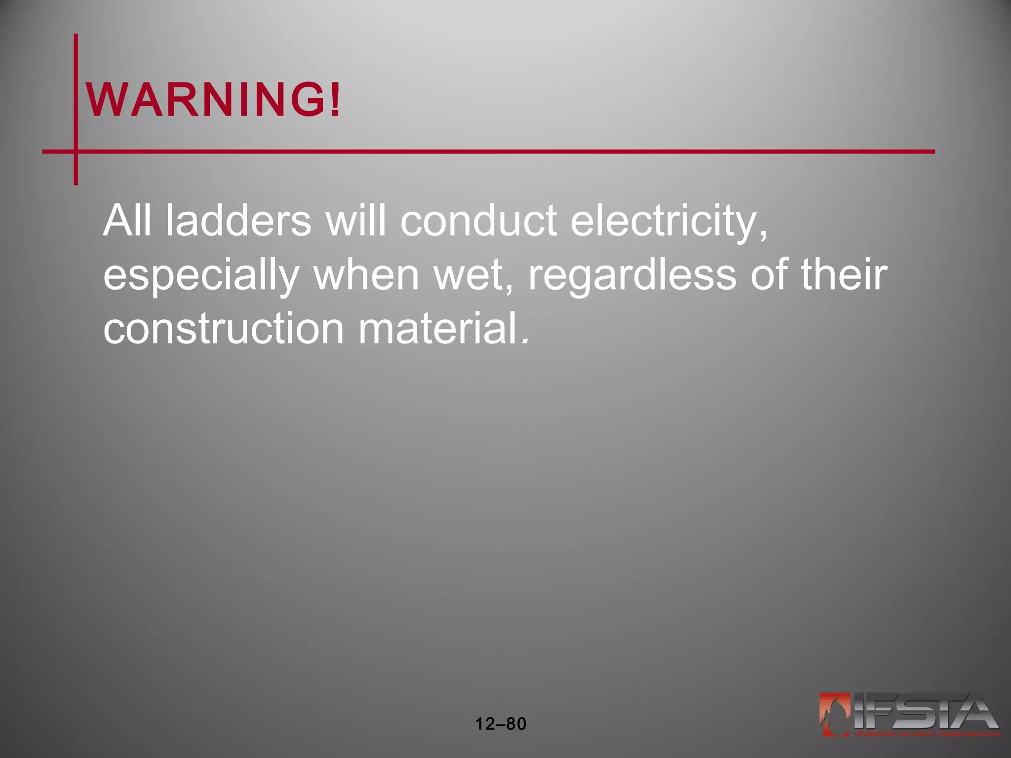 WARNING!
All ladders will conduct electricity,
especially when wet, regardless of their
construction material.
12–80
 
