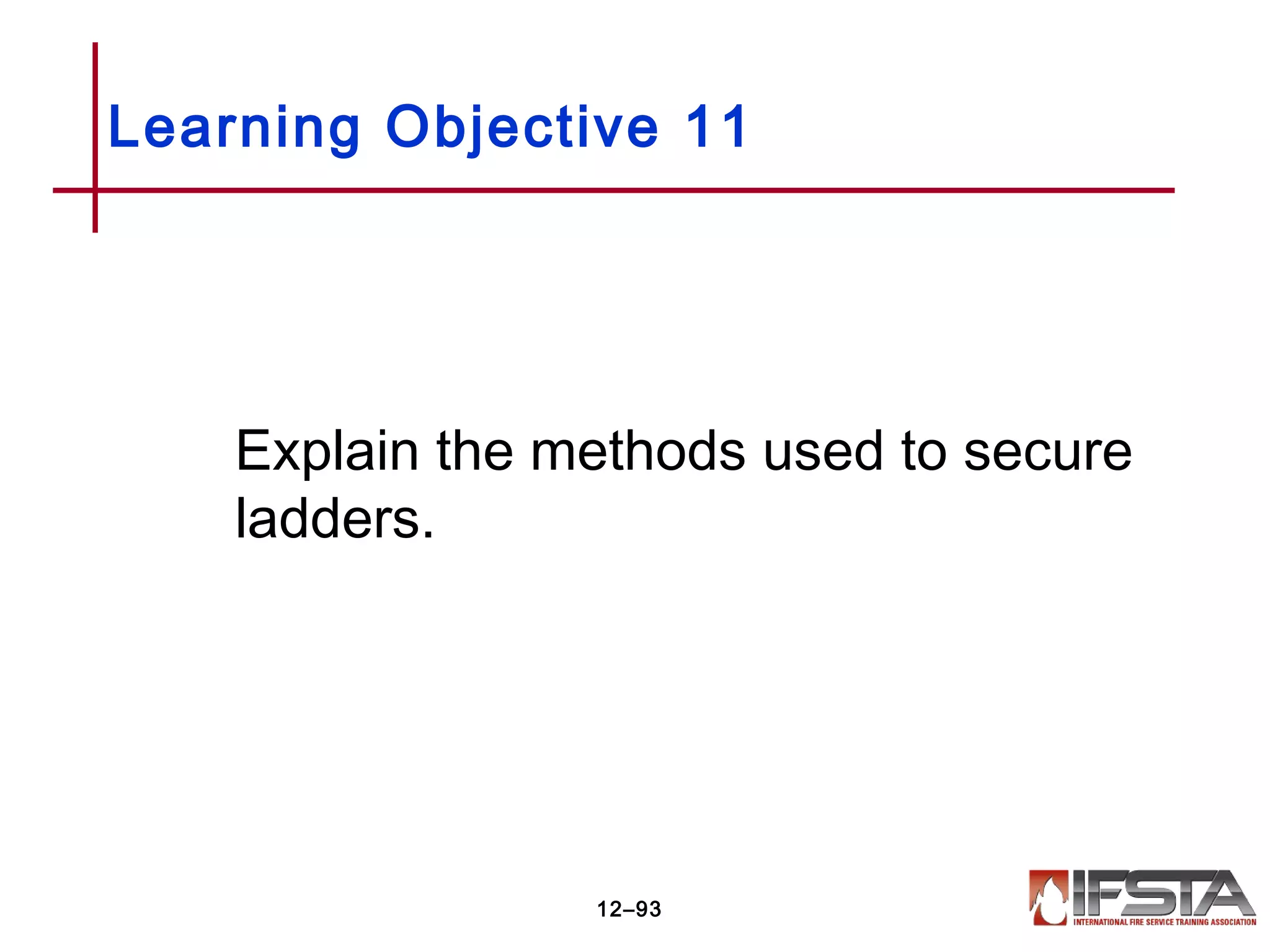 Explain the methods used to secure
ladders.
Learning Objective 11
12–93
 