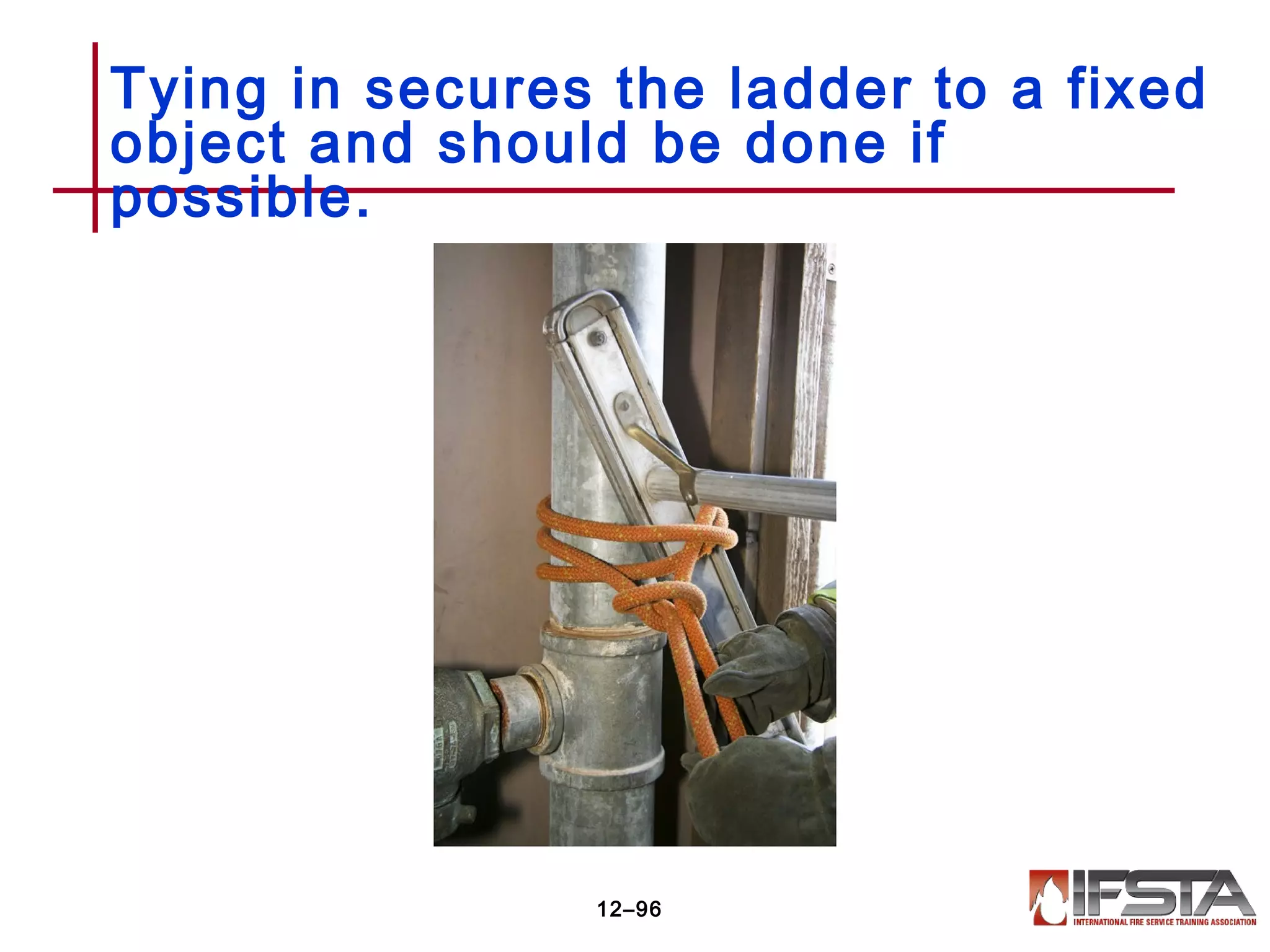 Tying in secures the ladder to a fixed
object and should be done if
possible.
12–96
 