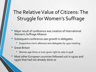 The RelativeValue of Citizens:The
Struggle for Women’s Suffrage
• Major result of conference was creation of International
Women’s Suffrage Alliance
• Subsequent conference saw growth in delegates
• Supportive men’s alliances sent delegates by 1910 meeting
• Great Britain
• Women age thirty or over given right to vote in 1918
• Most other European countries followed suit in 1920s and
1930s that had not already done so
 