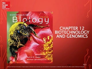 13-1 12-1
CHAPTER 12
BIOTECHNOLOGY
AND GENOMICS
Copyright © McGraw-Hill Education. All rights reserved. Authorized only for instructor use in the classroom. No reproduction or distribution without the prior written consent of McGraw-Hill Education.
 