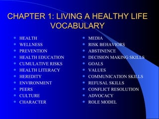 CHAPTER 1: LIVING A HEALTHY LIFE VOCABULARY ,[object Object],[object Object],[object Object],[object Object],[object Object],[object Object],[object Object],[object Object],[object Object],[object Object],[object Object],[object Object],[object Object],[object Object],[object Object],[object Object],[object Object],[object Object],[object Object],[object Object],[object Object],[object Object]