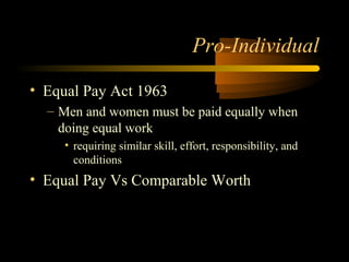 Pro-Individual
• Equal Pay Act 1963
– Men and women must be paid equally when
doing equal work
• requiring similar skill, effort, responsibility, and
conditions
• Equal Pay Vs Comparable Worth
 