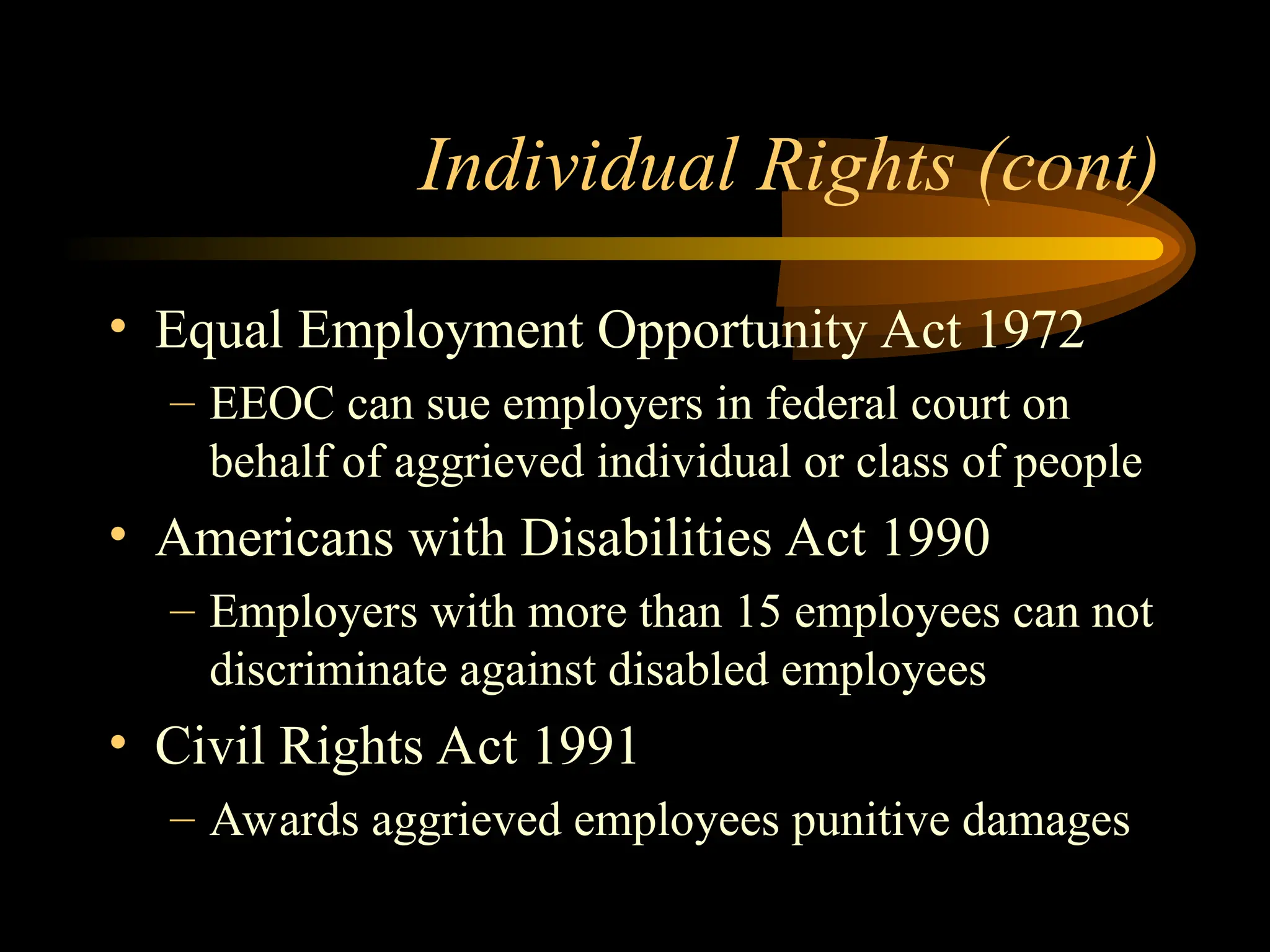 Individual Rights (cont)
• Equal Employment Opportunity Act 1972
– EEOC can sue employers in federal court on
behalf of aggrieved individual or class of people
• Americans with Disabilities Act 1990
– Employers with more than 15 employees can not
discriminate against disabled employees
• Civil Rights Act 1991
– Awards aggrieved employees punitive damages
 