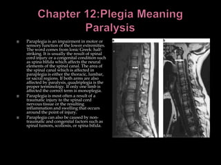 Chapter 12:Plegia Meaning Paralysis Paraplegia is an impairment in motor or sensory function of the lower extremities. The word comes from lonic Greek: half- striking. It is usually the result of spinal cord injury or a congenital condition such as spina bifida which affects the neural elements of the spinal canal. The area of the spinal canal which is affected in paraplegia is either the thoracic, lumbar, or sacral regions. If both arms are also affected by paralysis, quadriplegia is the proper terminology. If only one limb is affected the correct term is monoplegia. Paraplegia is most often a result of a traumatic injury to the spinal cord nervous tissue or the resulting inflammation and swelling that occurs around the point of injury. Paraplegia can also be caused by non- traumatic and congenital factors such as spinal tumors, scoliosis, or spina bifida.  