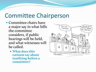 Committee Chairperson
 Committee chairs have
a major say in what bills
the committee
considers, if public
hearings will be held,
and what witnesses will
be called.
 What does this
cartoon say about
testifying before a
committee?
 