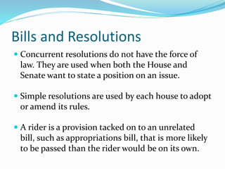 Bills and Resolutions
 Concurrent resolutions do not have the force of
law. They are used when both the House and
Senate want to state a position on an issue.
 Simple resolutions are used by each house to adopt
or amend its rules.
 A rider is a provision tacked on to an unrelated
bill, such as appropriations bill, that is more likely
to be passed than the rider would be on its own.
 