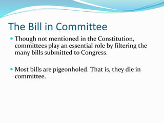 The Bill in Committee
 Though not mentioned in the Constitution,
committees play an essential role by filtering the
many bills submitted to Congress.
 Most bills are pigeonholed. That is, they die in
committee.
 