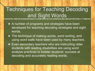 Establishing an Environment to Promote ReadingThe social environment is also critical. The teacher needs to be the one providing the example of how a book should be read, and this can be done by reading a book aloud to the class. Having discussions on the books they have read is also another important element.Some strategies to help build the students reading skills would include echo and choral reading.