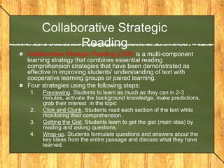 Providing Intensive Instruction Students are grouped appropriately, which includes ability-level grouping Instruction includes frequent opportunities for responding with feedback Student progress is monitored frequently and used to make instructional decisions Teachers and peers support the students when necessary