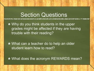 Phonological AwarenessPhonicsIt is knowing and demonstrating that spoken language can be broken down into smaller unitsRhyming: identifying similarities and differences in word endingsAlliteration: identifying similarities and differences in word beginningsBlending: putting syllables or sounds together to form a wordSegmentation: dividing words into syllables and soundsManipulation: deleting, adding, and substituting syllables and soundsIs the connection between the sounds of letters and the letters in printPhonics is the key element in understanding the alphabetic principle and learning to read and writeTeach a core set of frequently used consonants and shortBegin immediately to blend and segment the sounds in order to read and spell the words and read the words in decodable text (text in which most words are composed of letter-sound that have been taught)Separate the introduction of letter sounds with similar auditory or visual featuresTeach that some letters can represent more than one soundTeach that  different letter can make the same soundTeach that sounds can be represented by a single letter or by a combination of lettersAdd a kinesthetic component by having students trace or write the letters as they say the soundHave students use mirrors and feel their mouths to see and feel how the sounds are different