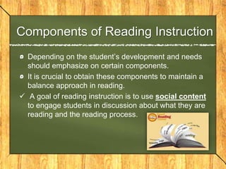 Reading Instruction Reading is a skilled process that learning todecode and read words accurately is essential.Reading requires thinking skills and strategies called decoding or word identification.When students have difficulties identifying the words they have difficulties with fluency.                                                                                                                                                                                                                                                  