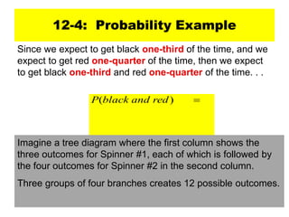 12-4: Probability Example

)
( red
and
black
P
Imagine a tree diagram where the first column shows the
three outcomes for Spinner #1, each of which is followed by
the four outcomes for Spinner #2 in the second column.
Three groups of four branches creates 12 possible outcomes.
Since we expect to get black one-third of the time, and we
expect to get red one-quarter of the time, then we expect
to get black one-third and red one-quarter of the time. . .
 