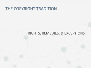 THE COPYRIGHT TRADITION
7
RIGHTS, REMEDIES, & EXCEPTIONS
 