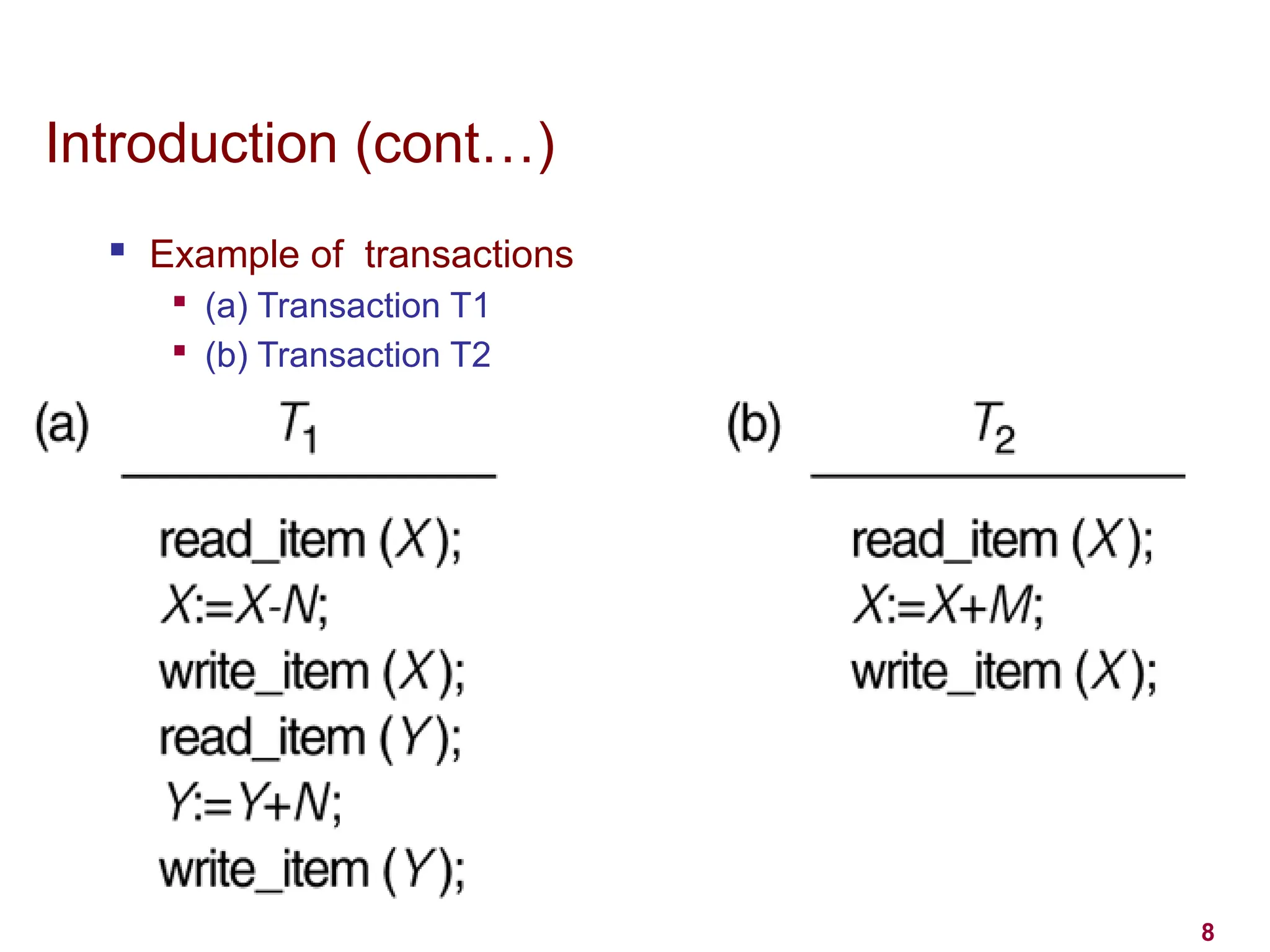 8
Introduction (cont…)
 Example of transactions

(a) Transaction T1

(b) Transaction T2
 