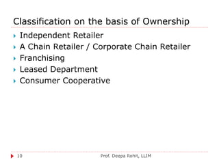 Classification on the basis of Ownership
Prof. Deepa Rohit, LLIM10
 Independent Retailer
 A Chain Retailer / Corporate Chain Retailer
 Franchising
 Leased Department
 Consumer Cooperative
 