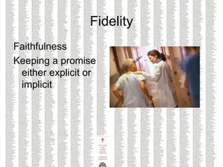 Fidelity
Faithfulness
Keeping a promise
either explicit or
implicit
 