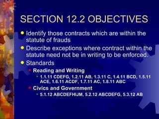 SECTION 12.2 OBJECTIVES Identify those contracts which are within the statute of frauds Describe exceptions where contract within the statute need not be in writing to be enforced. Standards Reading and Writing 1.1.11 CDEFG, 1.2.11 AB, 1.3.11 C, 1.4.11 BCD, 1.5.11 ACE, 1.6.11 ACDF, 1.7.11 AC, 1.8.11 ABC Civics and Government 5.1.12 ABCDEFHIJM, 5.2.12 ABCDEFG, 5.3.12 AB 