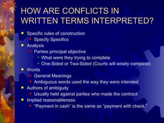 HOW ARE CONFLICTS IN WRITTEN TERMS INTERPRETED? Specific rules of construction Specify Specifics Analysis Parties principal objective What were they trying to complete One-Sided or Two-Sided (Courts will wisely complete) Words General Meanings Ambiguous words used the way they were intended Authors of ambiguity Usually held against parties who made the contract Implied reasonableness “ Payment in cash” is the same as “payment with check.” 