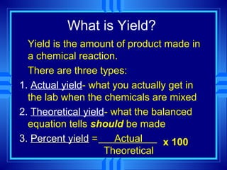 What is Yield?
  Yield is the amount of product made in
  a chemical reaction.
  There are three types:
1. Actual yield- what you actually get in
  the lab when the chemicals are mixed
2. Theoretical yield- what the balanced
  equation tells should be made
3. Percent yield =     Actual    x 100
                    Theoretical
 