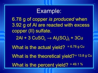 Example:
6.78 g of copper is produced when
3.92 g of Al are reacted with excess
copper (II) sulfate.
  2Al + 3 CuSO4 → Al2(SO4)3 + 3Cu

What is the actual yield?    = 6.78 g Cu


What is the theoretical yield? = 13.8 g Cu
What is the percent yield?    = 49.1 %
 