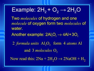 Example: 2H2 + O2 → 2H2O
Two molecules of hydrogen and one
molecule of oxygen form two molecules of
water.
Another example: 2Al2O3 → 4Al + 3O2

 2 formula units Al2O3 form 4 atoms Al
       and 3 molecules O2
Now read this: 2Na + 2H2O → 2NaOH + H2
 