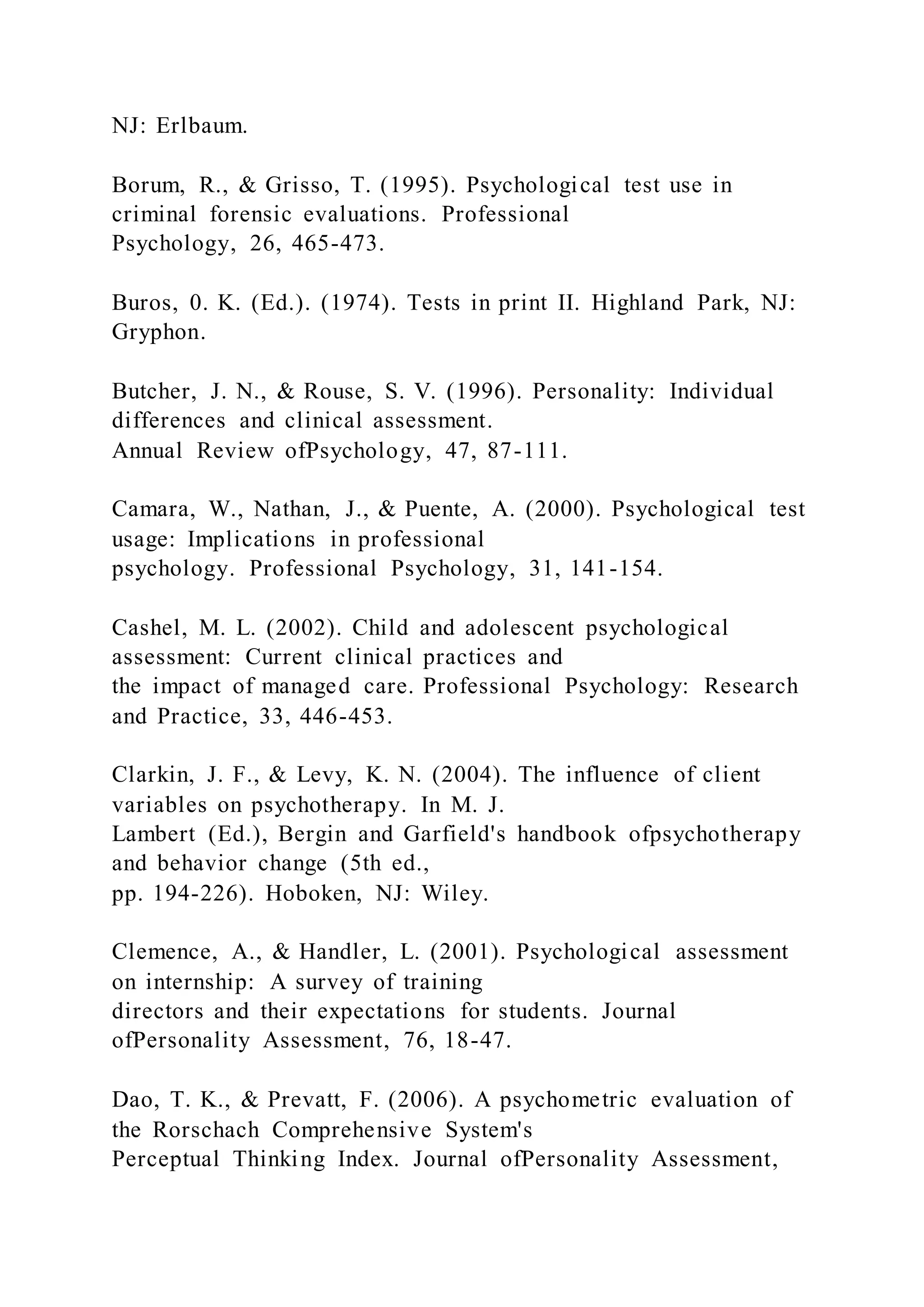 NJ: Erlbaum.
Borum, R., & Grisso, T. (1995). Psychological test use in
criminal forensic evaluations. Professional
Psychology, 26, 465-473.
Buros, 0. K. (Ed.). (1974). Tests in print II. Highland Park, NJ:
Gryphon.
Butcher, J. N., & Rouse, S. V. (1996). Personality: Individual
differences and clinical assessment.
Annual Review ofPsychology, 47, 87-111.
Camara, W., Nathan, J., & Puente, A. (2000). Psychological test
usage: Implications in professional
psychology. Professional Psychology, 31, 141-154.
Cashel, M. L. (2002). Child and adolescent psychological
assessment: Current clinical practices and
the impact of managed care. Professional Psychology: Research
and Practice, 33, 446-453.
Clarkin, J. F., & Levy, K. N. (2004). The influence of client
variables on psychotherapy. In M. J.
Lambert (Ed.), Bergin and Garfield's handbook ofpsychotherapy
and behavior change (5th ed.,
pp. 194-226). Hoboken, NJ: Wiley.
Clemence, A., & Handler, L. (2001). Psychological assessment
on internship: A survey of training
directors and their expectations for students. Journal
ofPersonality Assessment, 76, 18-47.
Dao, T. K., & Prevatt, F. (2006). A psychometric evaluation of
the Rorschach Comprehensive System's
Perceptual Thinking Index. Journal ofPersonality Assessment,
 