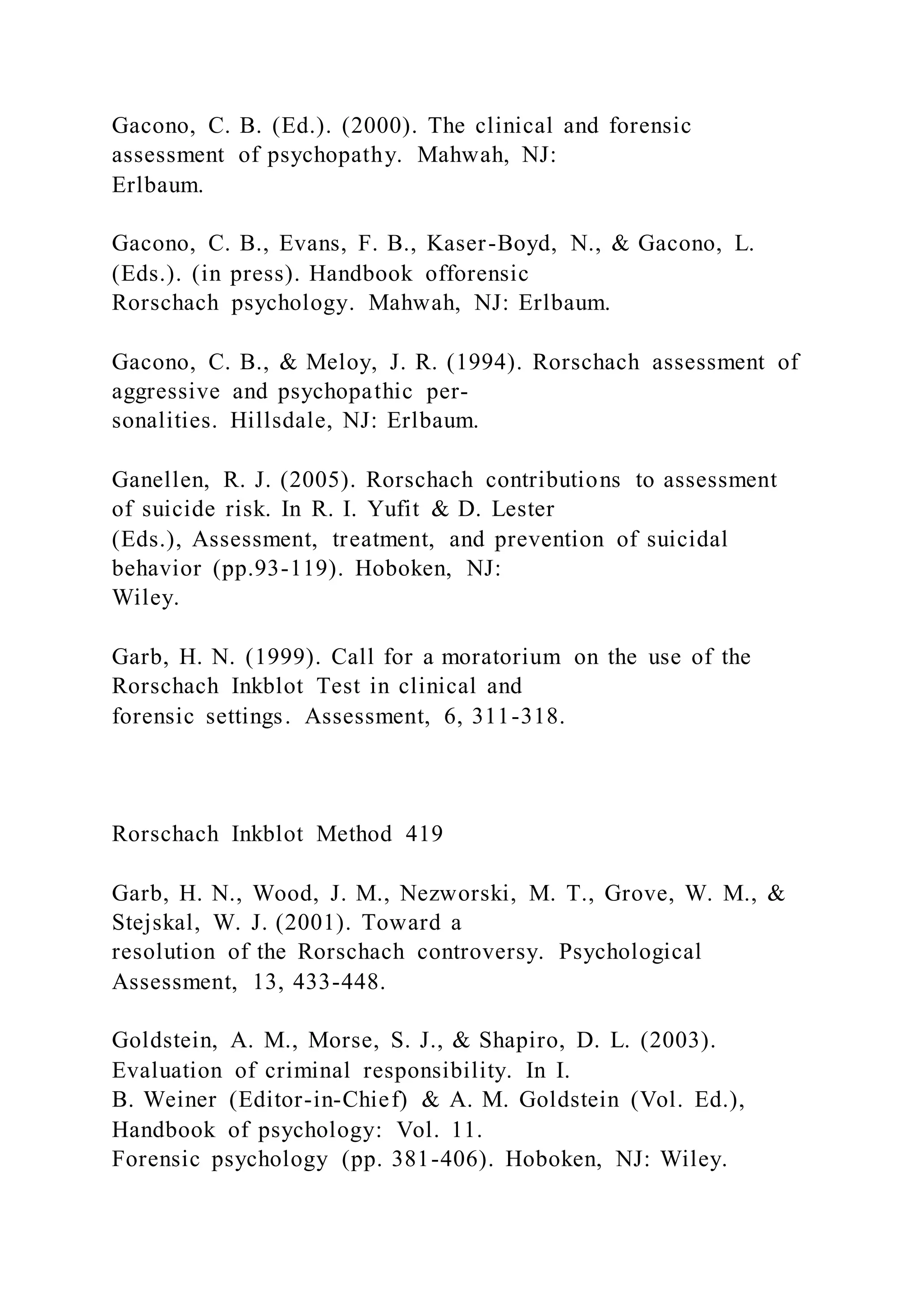 Gacono, C. B. (Ed.). (2000). The clinical and forensic
assessment of psychopathy. Mahwah, NJ:
Erlbaum.
Gacono, C. B., Evans, F. B., Kaser-Boyd, N., & Gacono, L.
(Eds.). (in press). Handbook offorensic
Rorschach psychology. Mahwah, NJ: Erlbaum.
Gacono, C. B., & Meloy, J. R. (1994). Rorschach assessment of
aggressive and psychopathic per-
sonalities. Hillsdale, NJ: Erlbaum.
Ganellen, R. J. (2005). Rorschach contributions to assessment
of suicide risk. In R. I. Yufit & D. Lester
(Eds.), Assessment, treatment, and prevention of suicidal
behavior (pp.93-119). Hoboken, NJ:
Wiley.
Garb, H. N. (1999). Call for a moratorium on the use of the
Rorschach Inkblot Test in clinical and
forensic settings. Assessment, 6, 311-318.
Rorschach Inkblot Method 419
Garb, H. N., Wood, J. M., Nezworski, M. T., Grove, W. M., &
Stejskal, W. J. (2001). Toward a
resolution of the Rorschach controversy. Psychological
Assessment, 13, 433-448.
Goldstein, A. M., Morse, S. J., & Shapiro, D. L. (2003).
Evaluation of criminal responsibility. In I.
B. Weiner (Editor-in-Chief) & A. M. Goldstein (Vol. Ed.),
Handbook of psychology: Vol. 11.
Forensic psychology (pp. 381-406). Hoboken, NJ: Wiley.
 