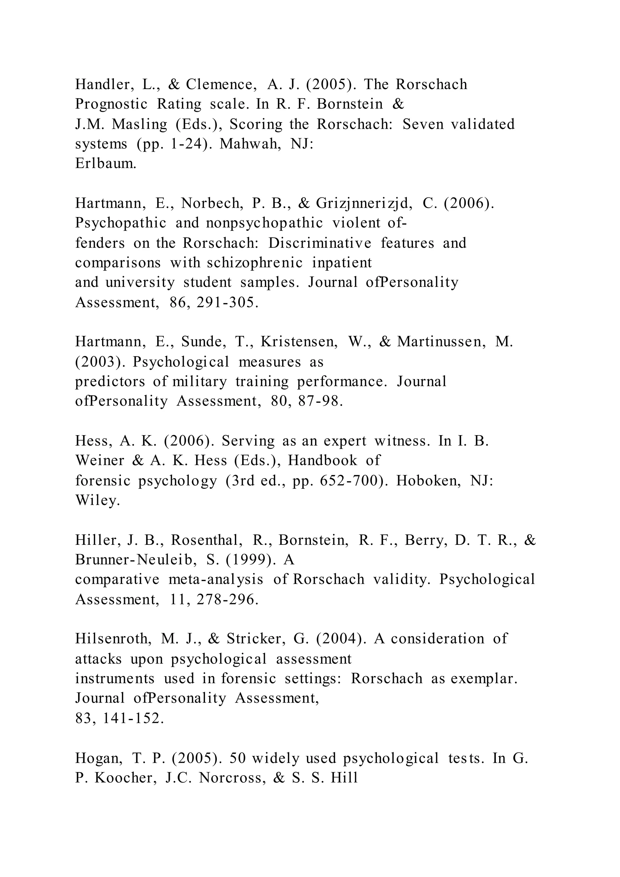 Handler, L., & Clemence, A. J. (2005). The Rorschach
Prognostic Rating scale. In R. F. Bornstein &
J.M. Masling (Eds.), Scoring the Rorschach: Seven validated
systems (pp. 1-24). Mahwah, NJ:
Erlbaum.
Hartmann, E., Norbech, P. B., & Grizjnnerizjd, C. (2006).
Psychopathic and nonpsychopathic violent of-
fenders on the Rorschach: Discriminative features and
comparisons with schizophrenic inpatient
and university student samples. Journal ofPersonality
Assessment, 86, 291-305.
Hartmann, E., Sunde, T., Kristensen, W., & Martinussen, M.
(2003). Psychological measures as
predictors of military training performance. Journal
ofPersonality Assessment, 80, 87-98.
Hess, A. K. (2006). Serving as an expert witness. In I. B.
Weiner & A. K. Hess (Eds.), Handbook of
forensic psychology (3rd ed., pp. 652-700). Hoboken, NJ:
Wiley.
Hiller, J. B., Rosenthal, R., Bornstein, R. F., Berry, D. T. R., &
Brunner-Neuleib, S. (1999). A
comparative meta-analysis of Rorschach validity. Psychological
Assessment, 11, 278-296.
Hilsenroth, M. J., & Stricker, G. (2004). A consideration of
attacks upon psychological assessment
instruments used in forensic settings: Rorschach as exemplar.
Journal ofPersonality Assessment,
83, 141-152.
Hogan, T. P. (2005). 50 widely used psychological tests. In G.
P. Koocher, J.C. Norcross, & S. S. Hill
 