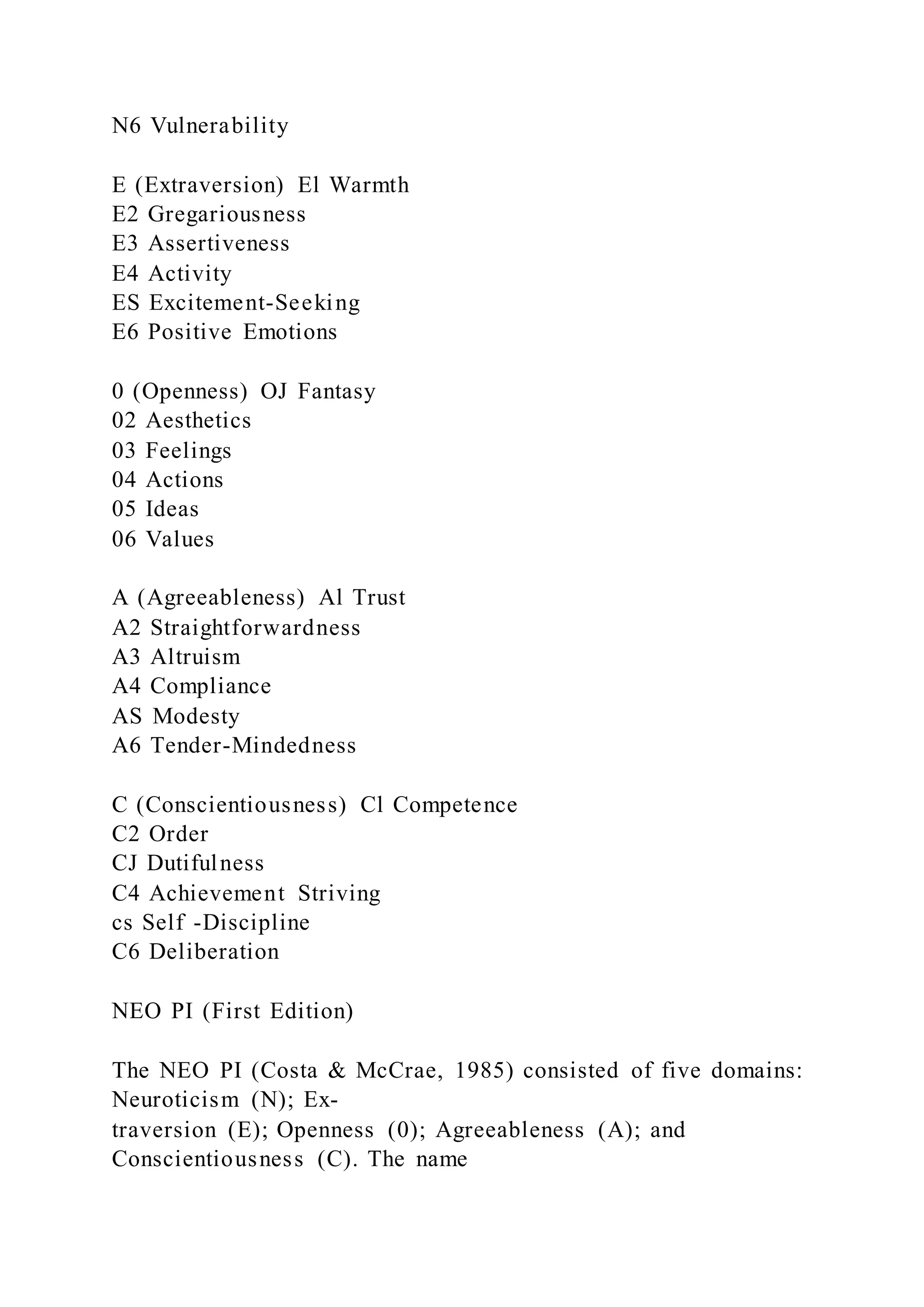 N6 Vulnerability
E (Extraversion) El Warmth
E2 Gregariousness
E3 Assertiveness
E4 Activity
ES Excitement-Seeking
E6 Positive Emotions
0 (Openness) OJ Fantasy
02 Aesthetics
03 Feelings
04 Actions
05 Ideas
06 Values
A (Agreeableness) Al Trust
A2 Straightforwardness
A3 Altruism
A4 Compliance
AS Modesty
A6 Tender-Mindedness
C (Conscientiousness) Cl Competence
C2 Order
CJ Dutifulness
C4 Achievement Striving
cs Self -Discipline
C6 Deliberation
NEO PI (First Edition)
The NEO PI (Costa & McCrae, 1985) consisted of five domains:
Neuroticism (N); Ex-
traversion (E); Openness (0); Agreeableness (A); and
Conscientiousness (C). The name
 