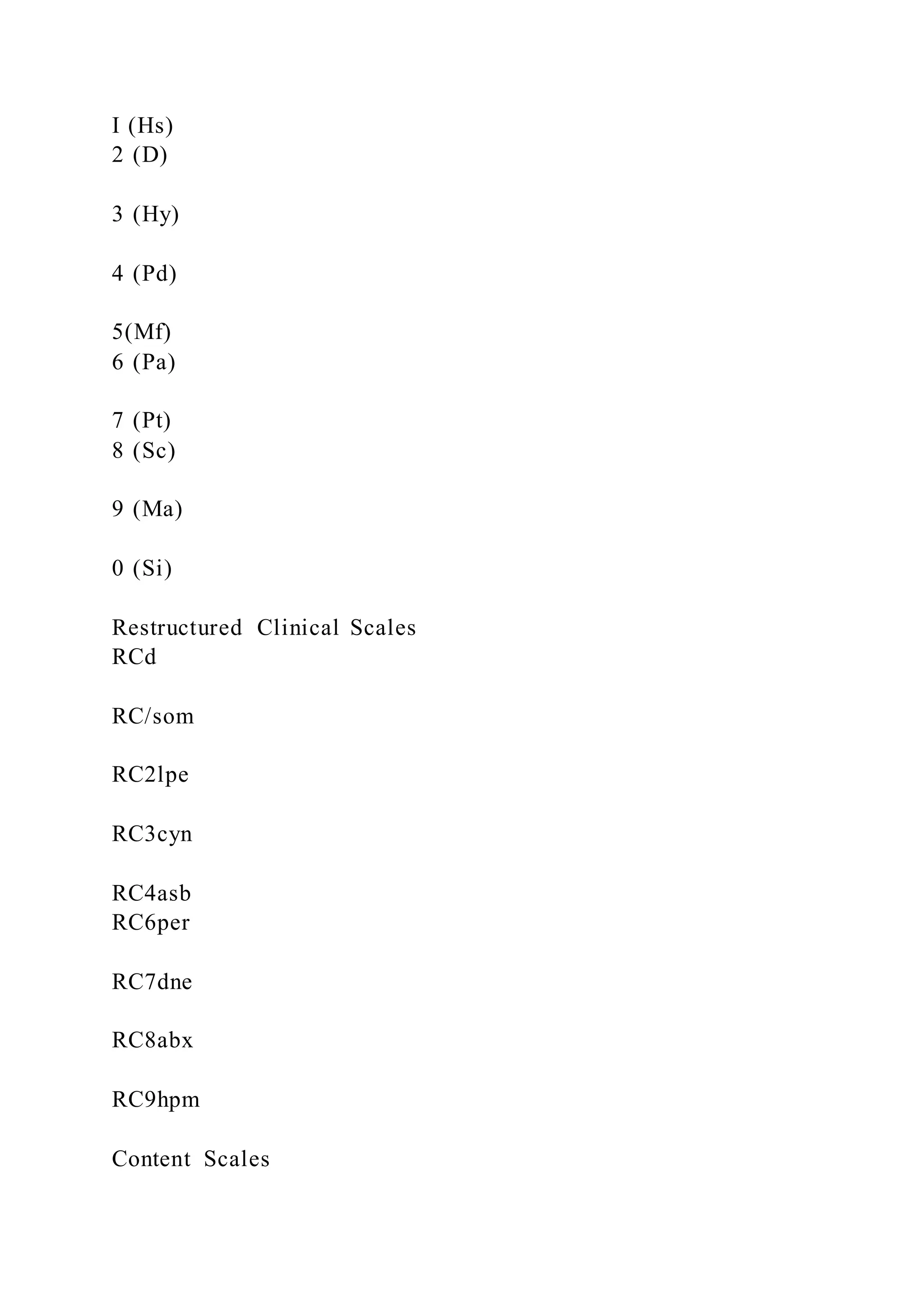 I (Hs)
2 (D)
3 (Hy)
4 (Pd)
5(Mf)
6 (Pa)
7 (Pt)
8 (Sc)
9 (Ma)
0 (Si)
Restructured Clinical Scales
RCd
RC/som
RC2lpe
RC3cyn
RC4asb
RC6per
RC7dne
RC8abx
RC9hpm
Content Scales
 