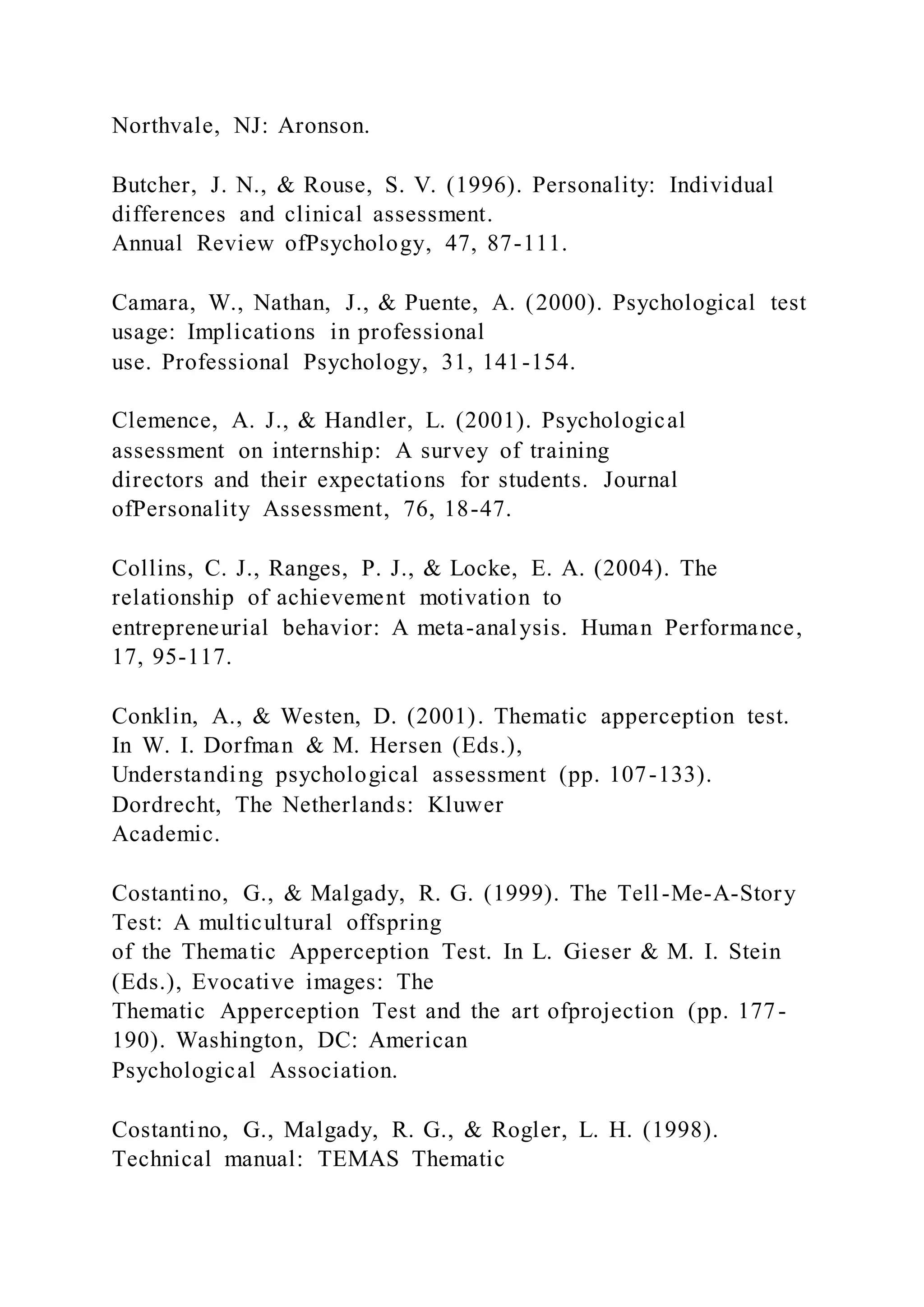 Northvale, NJ: Aronson.
Butcher, J. N., & Rouse, S. V. (1996). Personality: Individual
differences and clinical assessment.
Annual Review ofPsychology, 47, 87-111.
Camara, W., Nathan, J., & Puente, A. (2000). Psychological test
usage: Implications in professional
use. Professional Psychology, 31, 141-154.
Clemence, A. J., & Handler, L. (2001). Psychological
assessment on internship: A survey of training
directors and their expectations for students. Journal
ofPersonality Assessment, 76, 18-47.
Collins, C. J., Ranges, P. J., & Locke, E. A. (2004). The
relationship of achievement motivation to
entrepreneurial behavior: A meta-analysis. Human Performance,
17, 95-117.
Conklin, A., & Westen, D. (2001). Thematic apperception test.
In W. I. Dorfman & M. Hersen (Eds.),
Understanding psychological assessment (pp. 107-133).
Dordrecht, The Netherlands: Kluwer
Academic.
Costantino, G., & Malgady, R. G. (1999). The Tell-Me-A-Story
Test: A multicultural offspring
of the Thematic Apperception Test. In L. Gieser & M. I. Stein
(Eds.), Evocative images: The
Thematic Apperception Test and the art ofprojection (pp. 177-
190). Washington, DC: American
Psychological Association.
Costantino, G., Malgady, R. G., & Rogler, L. H. (1998).
Technical manual: TEMAS Thematic
 