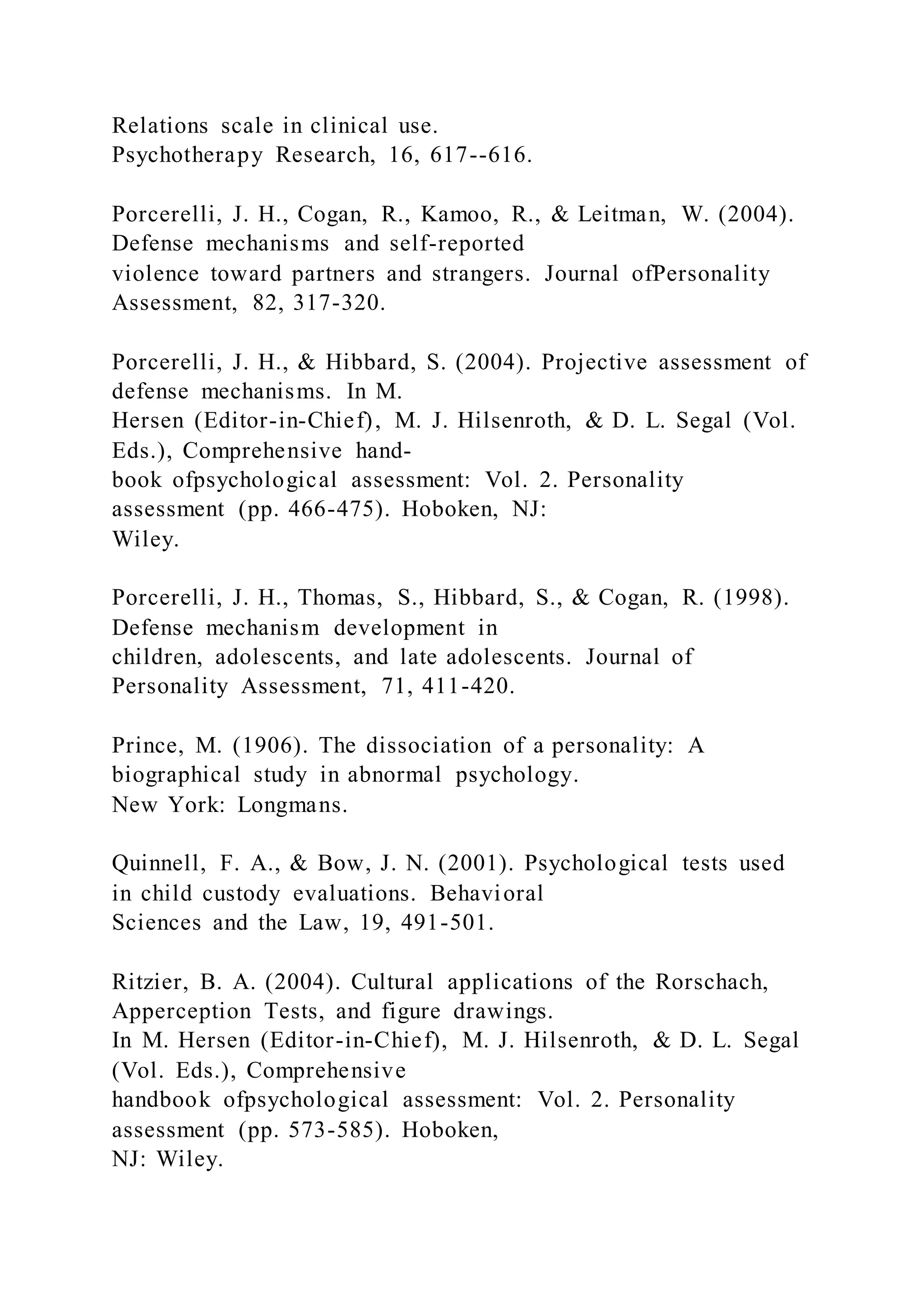 Relations scale in clinical use.
Psychotherapy Research, 16, 617--616.
Porcerelli, J. H., Cogan, R., Kamoo, R., & Leitman, W. (2004).
Defense mechanisms and self-reported
violence toward partners and strangers. Journal ofPersonality
Assessment, 82, 317-320.
Porcerelli, J. H., & Hibbard, S. (2004). Projective assessment of
defense mechanisms. In M.
Hersen (Editor-in-Chief), M. J. Hilsenroth, & D. L. Segal (Vol.
Eds.), Comprehensive hand-
book ofpsychological assessment: Vol. 2. Personality
assessment (pp. 466-475). Hoboken, NJ:
Wiley.
Porcerelli, J. H., Thomas, S., Hibbard, S., & Cogan, R. (1998).
Defense mechanism development in
children, adolescents, and late adolescents. Journal of
Personality Assessment, 71, 411-420.
Prince, M. (1906). The dissociation of a personality: A
biographical study in abnormal psychology.
New York: Longmans.
Quinnell, F. A., & Bow, J. N. (2001). Psychological tests used
in child custody evaluations. Behavioral
Sciences and the Law, 19, 491-501.
Ritzier, B. A. (2004). Cultural applications of the Rorschach,
Apperception Tests, and figure drawings.
In M. Hersen (Editor-in-Chief), M. J. Hilsenroth, & D. L. Segal
(Vol. Eds.), Comprehensive
handbook ofpsychological assessment: Vol. 2. Personality
assessment (pp. 573-585). Hoboken,
NJ: Wiley.
 