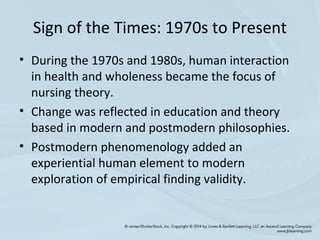 Sign of the Times: 1970s to Present
• During the 1970s and 1980s, human interaction
in health and wholeness became the focus of
nursing theory.
• Change was reflected in education and theory
based in modern and postmodern philosophies.
• Postmodern phenomenology added an
experiential human element to modern
exploration of empirical finding validity.
 
