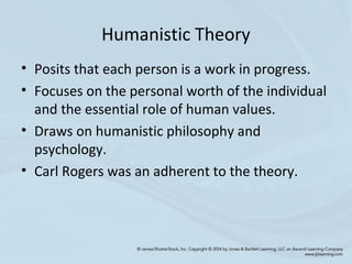Humanistic Theory
• Posits that each person is a work in progress.
• Focuses on the personal worth of the individual
and the essential role of human values.
• Draws on humanistic philosophy and
psychology.
• Carl Rogers was an adherent to the theory.
 