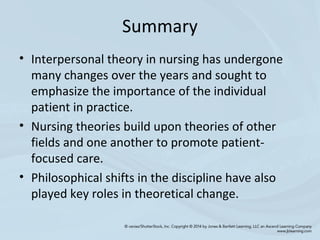 Summary
• Interpersonal theory in nursing has undergone
many changes over the years and sought to
emphasize the importance of the individual
patient in practice.
• Nursing theories build upon theories of other
fields and one another to promote patient-
focused care.
• Philosophical shifts in the discipline have also
played key roles in theoretical change.
 