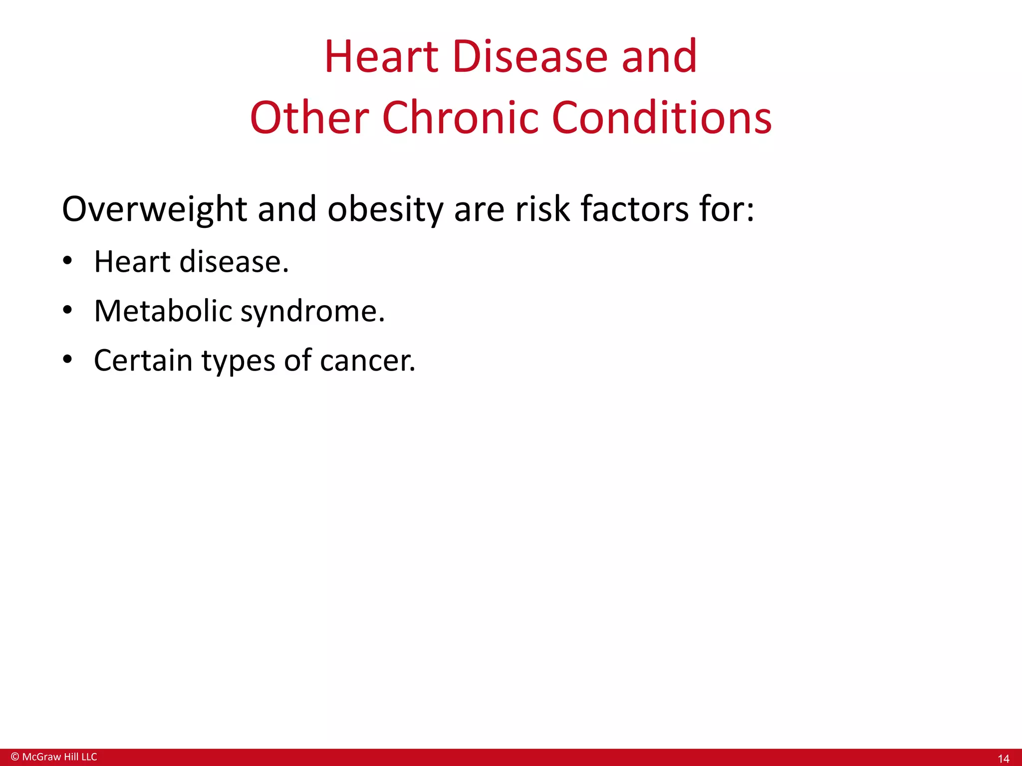 © McGraw Hill LLC
Heart Disease and
Other Chronic Conditions
Overweight and obesity are risk factors for:
• Heart disease.
• Metabolic syndrome.
• Certain types of cancer.
14
 
