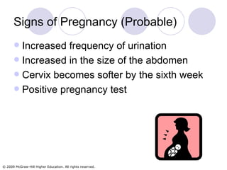 Signs of Pregnancy (Probable) Increased frequency of urination Increased in the size of the abdomen Cervix becomes softer by the sixth week Positive pregnancy test 