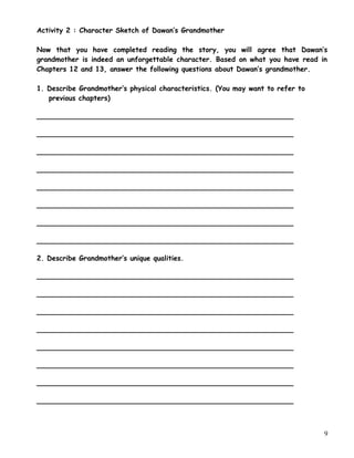 Activity 2 : Character Sketch of Dawan’s Grandmother
Now that you have completed reading the story, you will agree that Dawan’s
grandmother is indeed an unforgettable character. Based on what you have read in
Chapters 12 and 13, answer the following questions about Dawan’s grandmother.
1. Describe Grandmother’s physical characteristics. (You may want to refer to
previous chapters)
___________________________________________________________
___________________________________________________________
___________________________________________________________
___________________________________________________________
___________________________________________________________
___________________________________________________________
___________________________________________________________
___________________________________________________________
2. Describe Grandmother’s unique qualities.
___________________________________________________________
___________________________________________________________
___________________________________________________________
___________________________________________________________
___________________________________________________________
___________________________________________________________
___________________________________________________________
___________________________________________________________
9
 