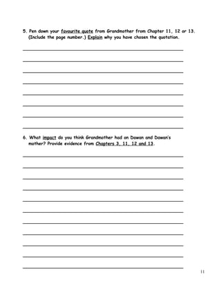 5. Pen down your favourite quote from Grandmother from Chapter 11, 12 or 13.
(Include the page number.) Explain why you have chosen the quotation.
___________________________________________________________
___________________________________________________________
___________________________________________________________
___________________________________________________________
___________________________________________________________
___________________________________________________________
___________________________________________________________
___________________________________________________________
6. What impact do you think Grandmother had on Dawan and Dawan’s
mother? Provide evidence from Chapters 3, 11, 12 and 13.
___________________________________________________________
___________________________________________________________
___________________________________________________________
___________________________________________________________
___________________________________________________________
___________________________________________________________
___________________________________________________________
___________________________________________________________
___________________________________________________________
___________________________________________________________
___________________________________________________________
11
 