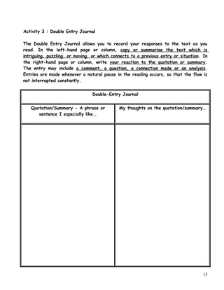 Activity 3 : Double Entry Journal
The Double Entry Journal allows you to record your responses to the text as you
read. In the left-hand page or column, copy or summarise the text which is
intriguing, puzzling, or moving, or which connects to a previous entry or situation. In
the right-hand page or column, write your reaction to the quotation or summary.
The entry may include a comment, a question, a connection made or an analysis.
Entries are made whenever a natural pause in the reading occurs, so that the flow is
not interrupted constantly.
Double-Entry Journal
Quotation/Summary - A phrase or
sentence I especially like..
My thoughts on the quotation/summary…
13
 