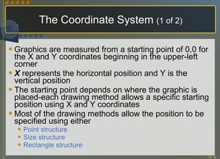 The Coordinate System  (1 of 2) Graphics are measured from a starting point of 0,0 for the X and Y coordinates beginning in the upper-left corner X  represents the horizontal position and Y is the vertical position The starting point depends on where the graphic is placed-each drawing method allows a specific starting position using X and Y coordinates Most of the drawing methods allow the position to be specified using either Point structure Size structure  Rectangle structure 