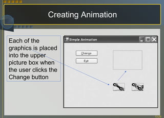 Creating Animation Each of the  graphics is placed into the upper picture box when the user clicks the Change button 