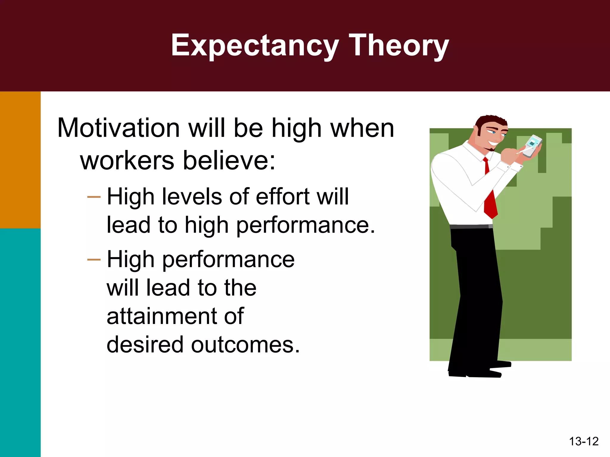 Expectancy Theory Motivation will be high when workers believe: High levels of effort will lead to high performance.  High performance  will lead to the  attainment of  desired outcomes. 