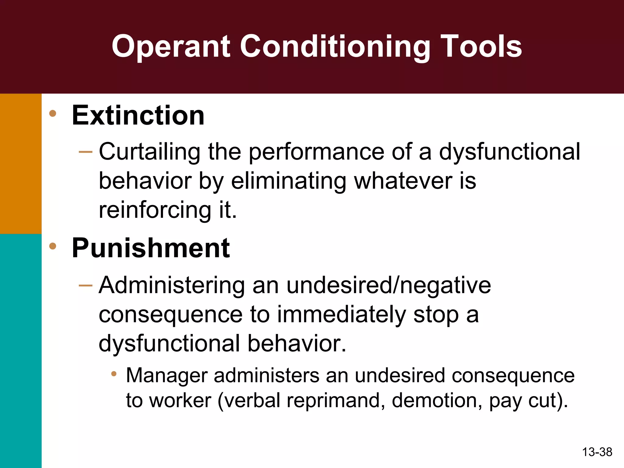Operant Conditioning Tools Extinction Curtailing the performance of a dysfunctional behavior by eliminating whatever is reinforcing it.   Punishment Administering an undesired/negative consequence to immediately stop a dysfunctional behavior. Manager administers an undesired consequence to worker (verbal reprimand, demotion, pay cut). 