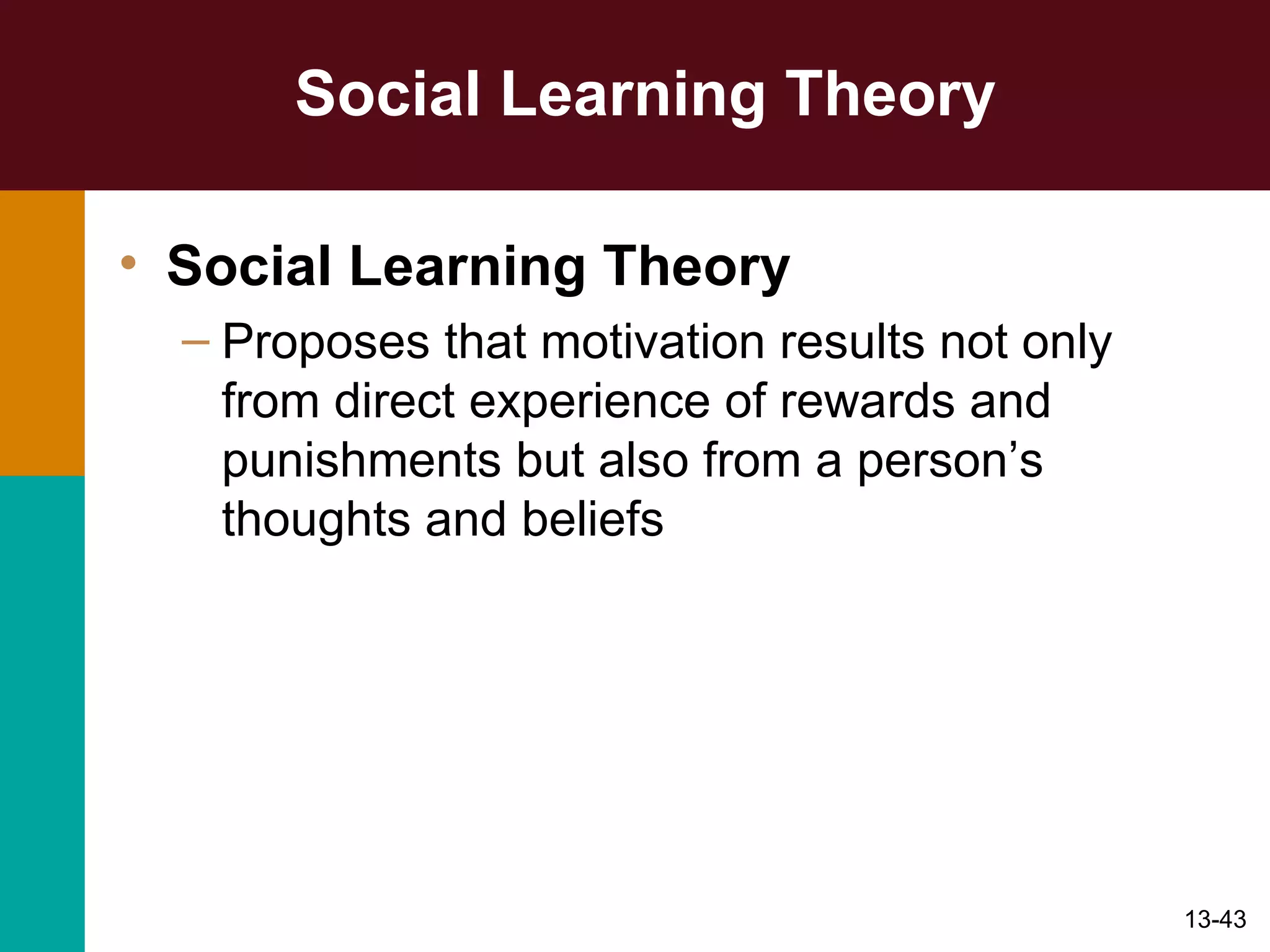 Social Learning Theory Social Learning Theory Proposes that motivation results not only from direct experience of rewards and punishments but also from a person’s thoughts and beliefs 