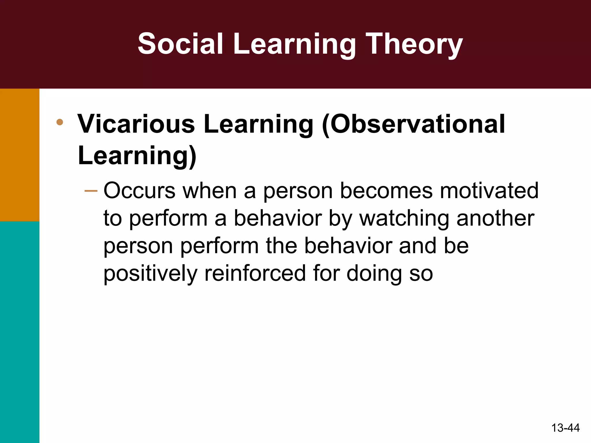 Social Learning Theory Vicarious Learning (Observational Learning) Occurs when a person becomes motivated to perform a behavior by watching another person perform the behavior and be positively reinforced for doing so 