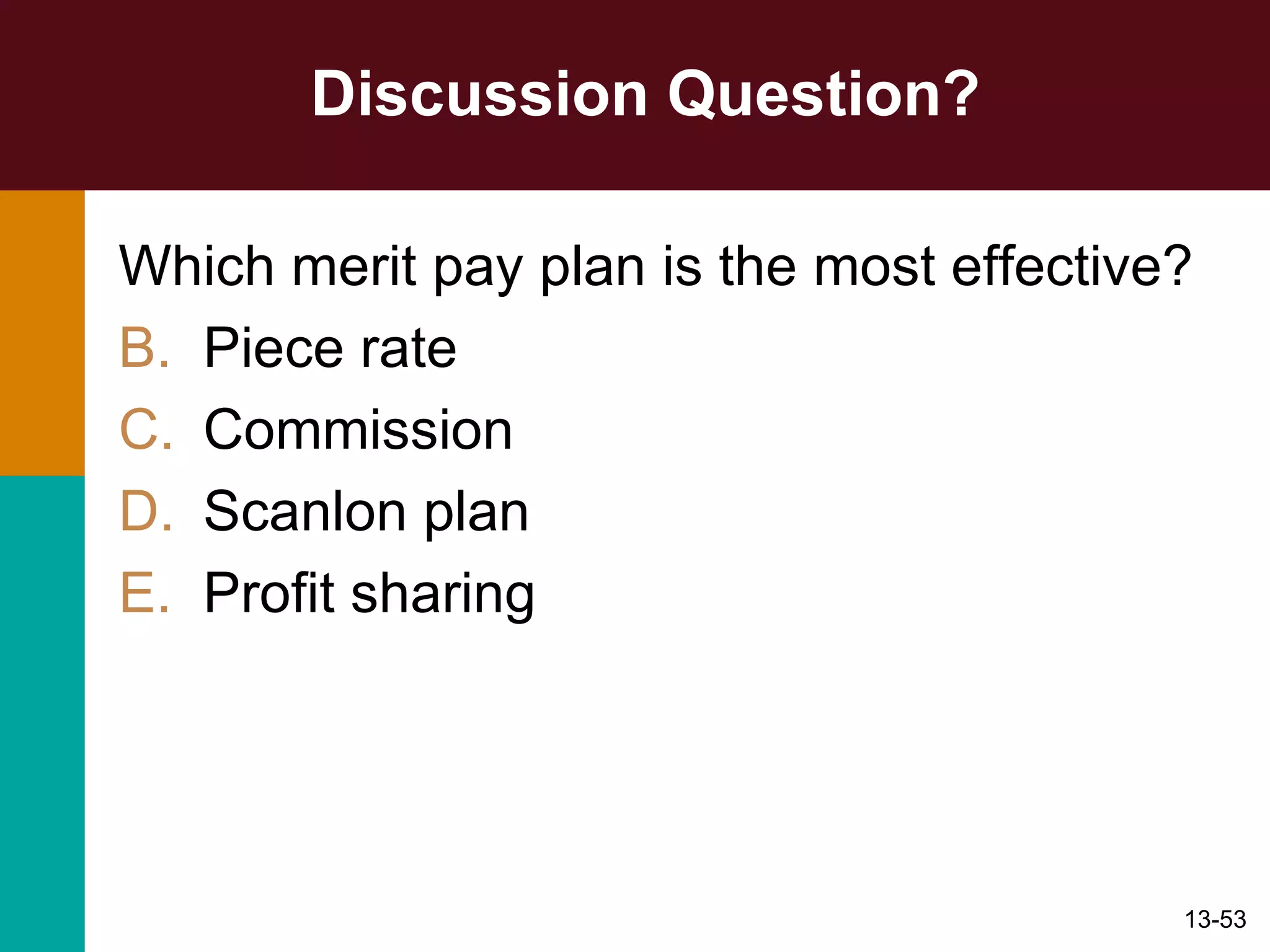 Discussion Question? Which merit pay plan is the most effective? Piece rate Commission Scanlon plan Profit sharing 