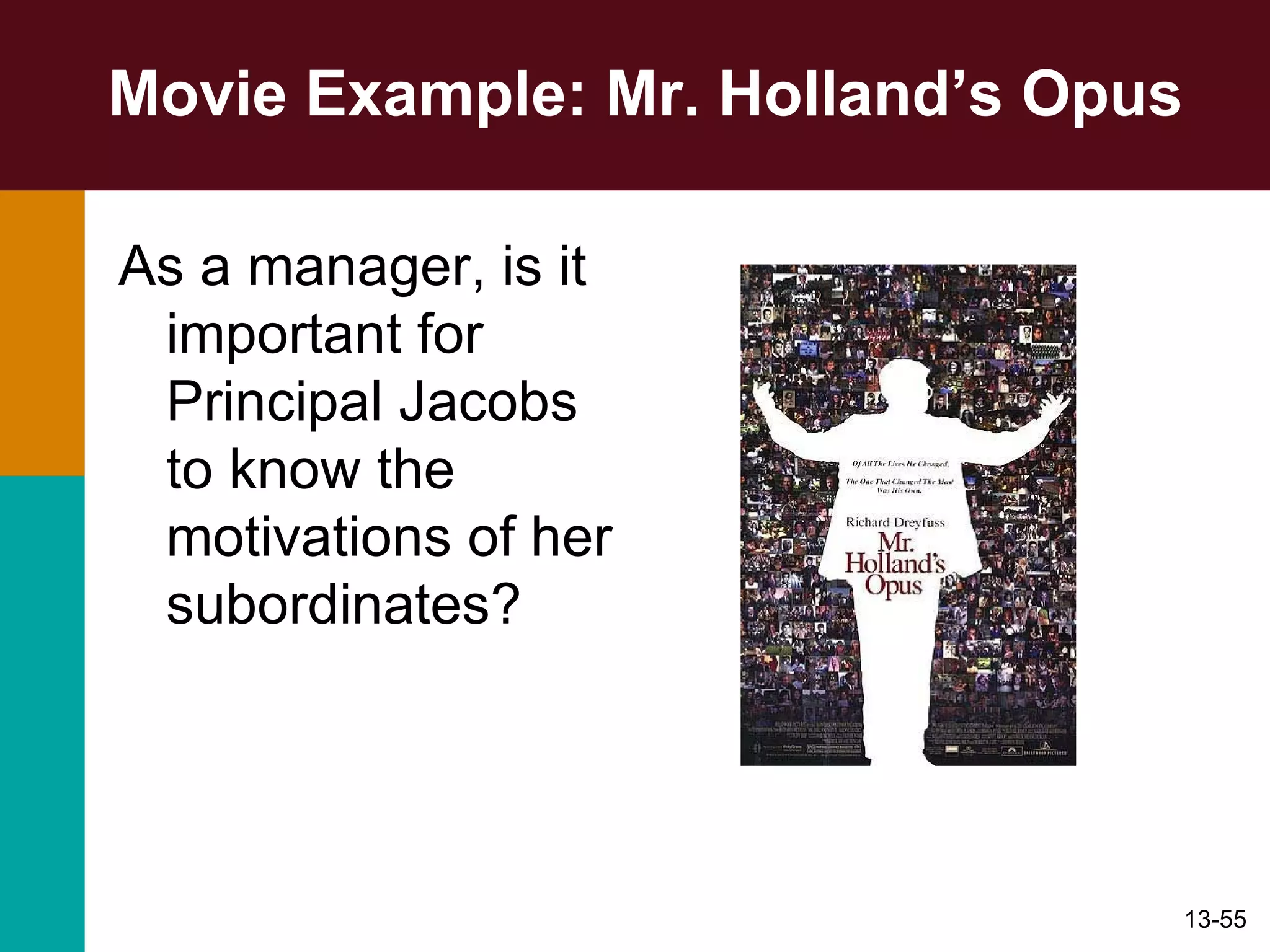 Movie Example: Mr. Holland’s Opus As a manager, is it important for Principal Jacobs to know the motivations of her subordinates? 